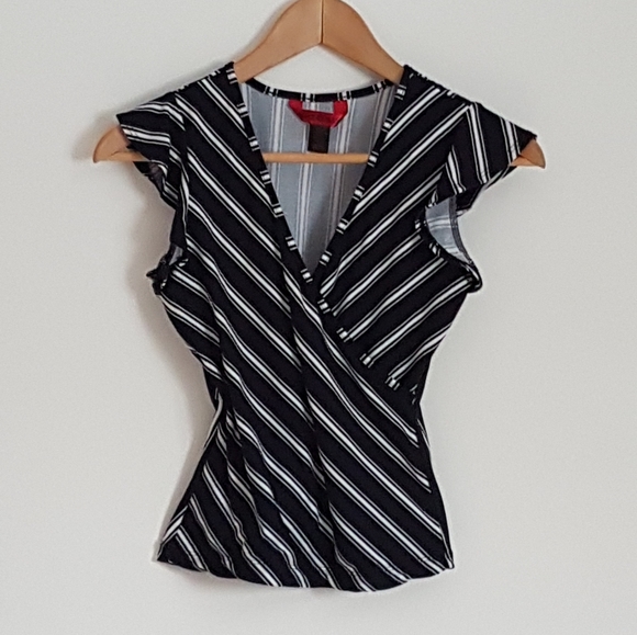 Hot Kiss Black and White Striped V-neck Top - Picture 1 of 3
